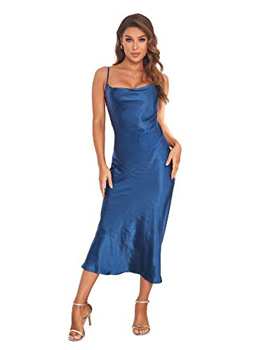 Women's Spaghetti Strap Midi Satin Silk Dresses Slip Cowl Neck Party Cocktail Evening Sexy Dress Navy Blue | Amazon (US)