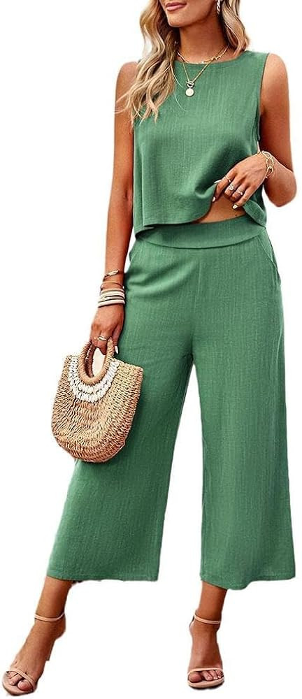 Two Piece Summer Outfits for Women Linen Pants Suits Casual Sleeveless Crop Top and Wide Leg Pant... | Amazon (US)