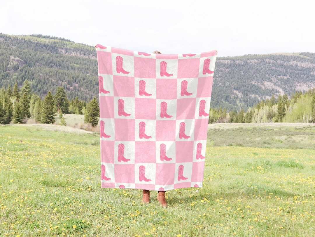 Pink Checkered Cowgirl Boot Velveteen Minky Blanket, Cowgirl Checkered Blanket, Cowgirl Boot Blan... | Etsy (US)