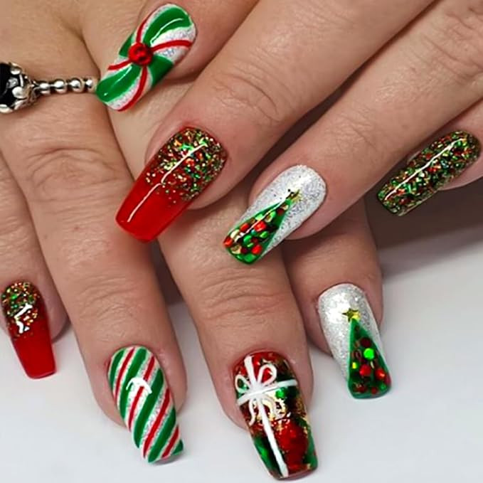 TULOBI Christmas Press on Nails Medium Coffin Fake Nails with Christmas Tree Designs Glitter Glue... | Amazon (US)