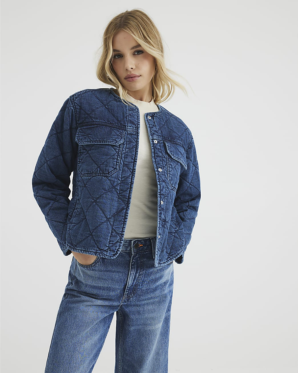 Blue Denim Long Sleeve Quilted Jacket | River Island UK & IE