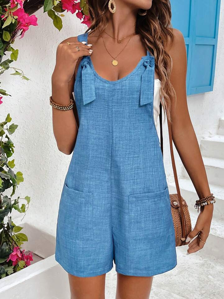 SHEIN LUNE Vrije tijd vakantie retro denim mouwloze jumpsuit met dubbele zak | SHEIN
