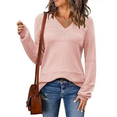 Zeagoo Womens Fall Sweaters Casual Long Sleeve Ribbed Knit Pullover V Neck Lightweight Crochet Pullover Sweater Top-Light Pink-S | Target