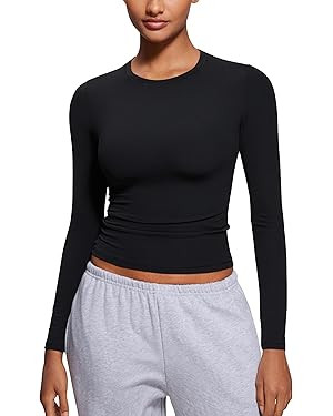 CRZ YOGA Womens Softembrace Long Sleeve Soft Crew Neck Shirts Basic Stretchy Tight T-Shirts Casua... | Amazon (UK)