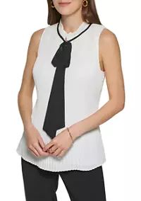 DKNY Women's Sleeveless Tie Neck Pleated Contrast Trim Blouse | Belk