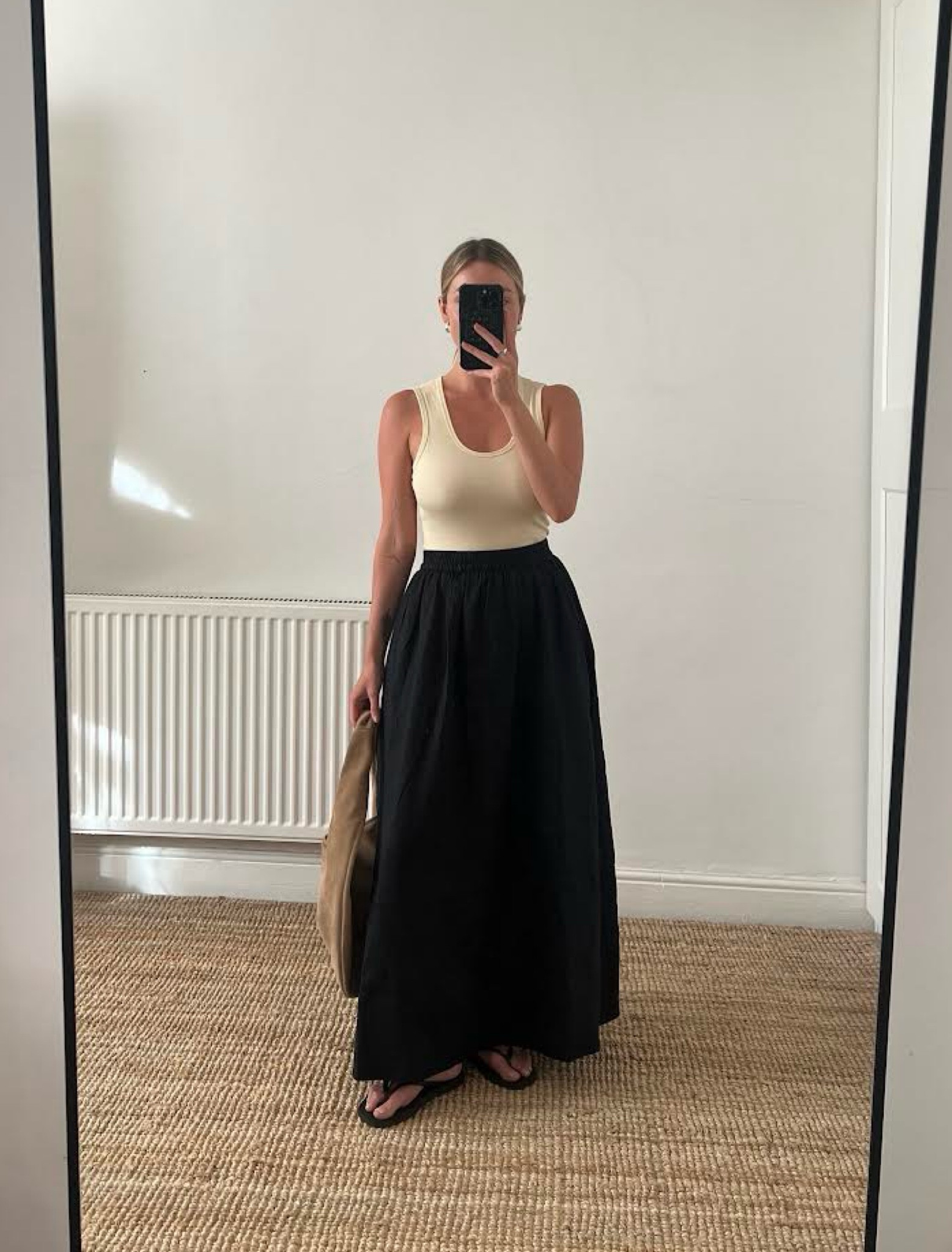 Arket outfit, maxi linen skirt, off white vest top, spring outfit, neutral and black outfit, Arket sleepers flip flops, flattered slouchy shoulder bag, suede bag, neutral bag 

#LTKuk #LTKstyletip #LTKspring