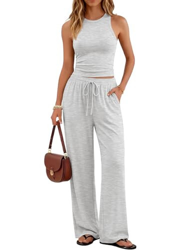 Trendy Queen Women's 2 Piece Summer Lounge Sets Butter Soft Tank Top & High Waisted Wide Leg Pants with Pockets, Oatmeal Grey, Medium | Amazon (US)