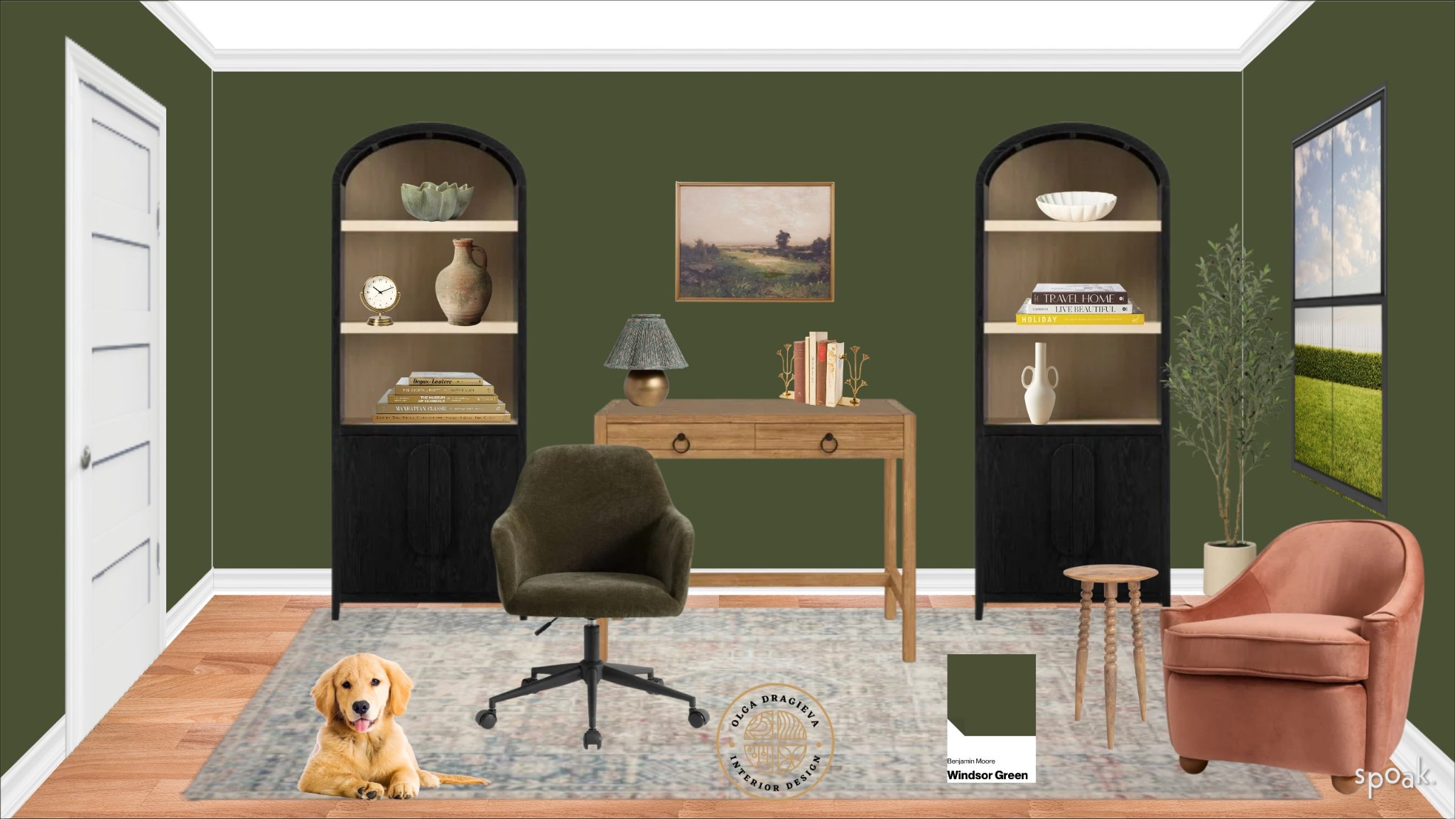 Saturated and calming office room. Who says that working from home can’t be glamorous? Gorgeous velvet office chair, beautiful desk, bookshelves from Target, vintage-style rug, wall art, bookshelf decor, gorgeous accent chair. The puppy is not for sale! 😀#homedecor #homeoffice

#LTKHome #LTKFamily #LTKStyleTip