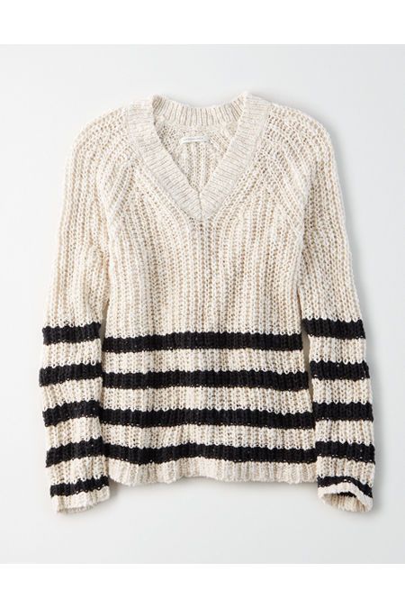 AE Striped V-Neck Oversized Sweater Women's Oatmeal XXS | American Eagle Outfitters (US & CA)