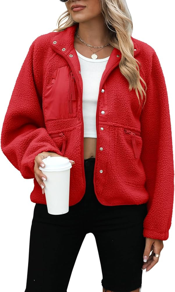 Yanekop Womens Fleece Jacket Fuzzy Long Sleeve Short Winter Coats Button Down Sherpa Jacket Outer... | Amazon (US)
