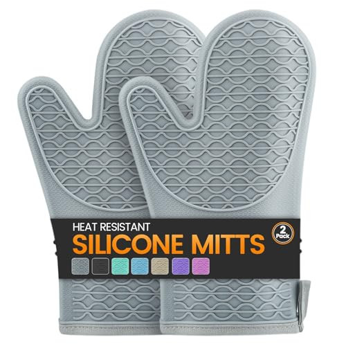 Silicone Oven Mitts, Heat Resistant 2PCS Oven Mitts with Soft Cotton Lining, Waterproof Non-Slip Grip Oven Glove, Kitchen Potholder Mits for BBQ, Baking, Cooking, 12.5 Inch - Grey | Amazon (US)