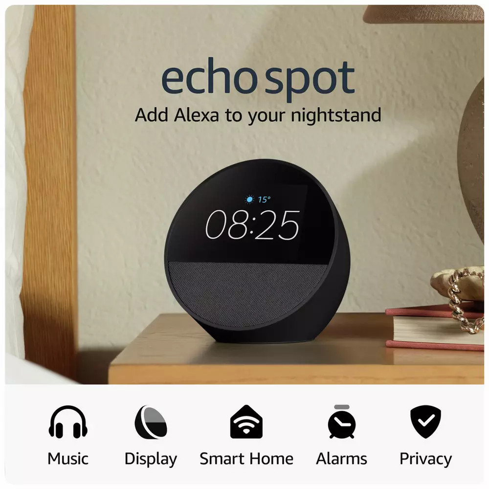 Buy Amazon Echo Spot Smart Alarm Clock with Alexa - Black | Smart speakers | Argos | argos.co.uk