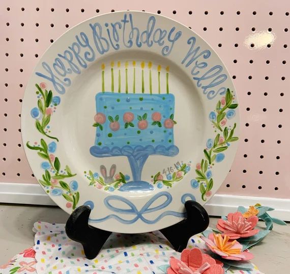 Birthday Plate // Flowers, ribbons and bunny Personalized First Birthday Plate, baby girl Custom ... | Etsy (US)