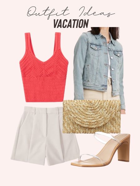 Outfit idea vacation knit too shorts xxs clear heels denim jacket 

#LTKunder50 #LTKsalealert #LTKunder100