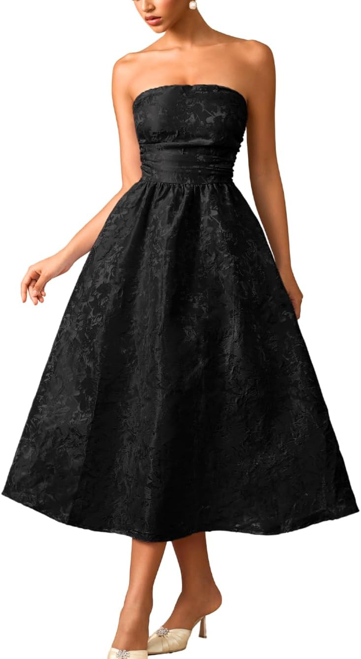 ShawGobow Strapless Corset Dress,Jacquard Formal Midi Dresses for Women,Wedding Guest Cocktail Party Outfits | Amazon (US)