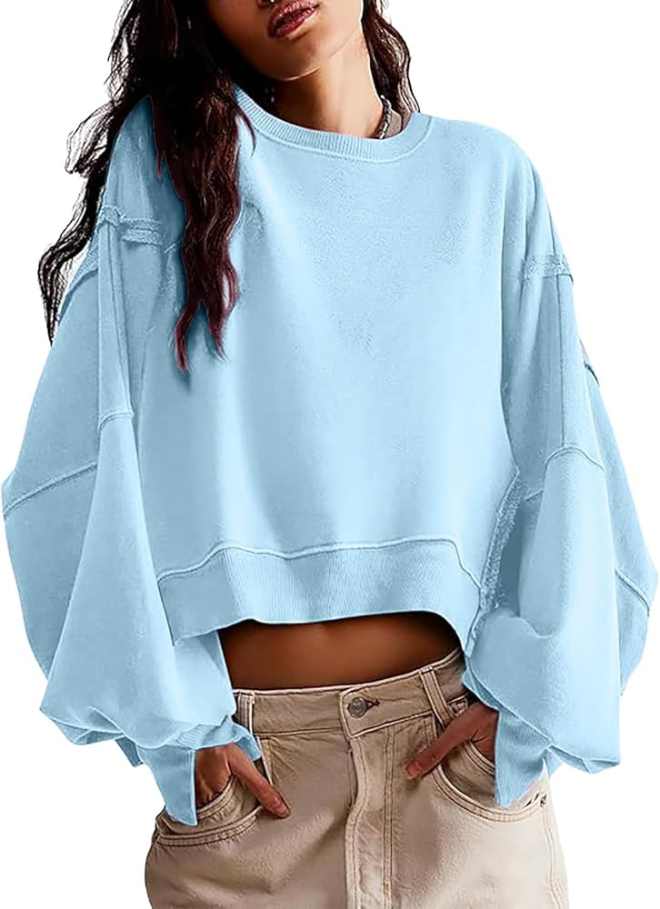 EGUGYDW Womens Crewneck Sweatshirts Cropped Long Sleeve Side Slit Loose Fit Teen Girls 2024 Fall ... | Amazon (US)