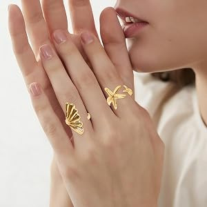 6Pcs Gold Seashell Rings for Women Beach Surfer Starfish 18k Gold Plated Trendy Dainty Seashell W... | Amazon (US)