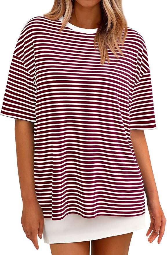 PRETTYGARDEN Womens Oversized Cute Tops Casual Striped Short Sleeve Shirt Women Trendy 2026 Sprin... | Amazon (US)