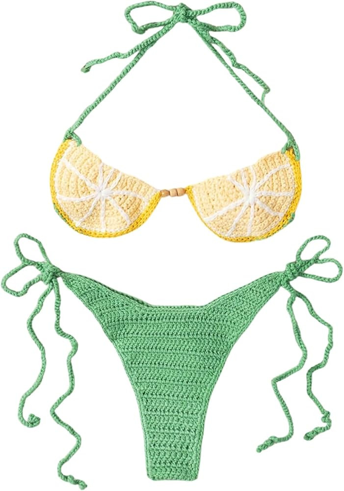 Floerns Women's 2 Piece Swimsuits Crochet Knit Halter Bikini Set Tie Side Bathing Suit | Amazon (US)