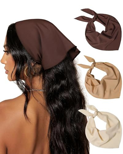 AWAYTR 3Pcs Hair Bandanas Head Kerchief for Women Girls Tie-Back Boho Hair Scarf Headband Bandana Triangle Head Scarf (Solid Color - Beige/Khaki/Brown) | Amazon (US)