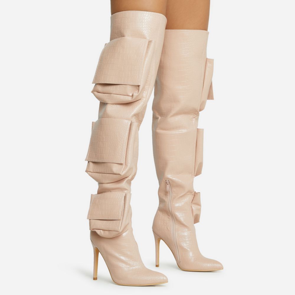 Level-Up Pocket Detail Pointed Toe Stiletto Heel Over The Knee Thigh High Long Boot In Nude Croc ... | EGO Shoes (US & Canada)
