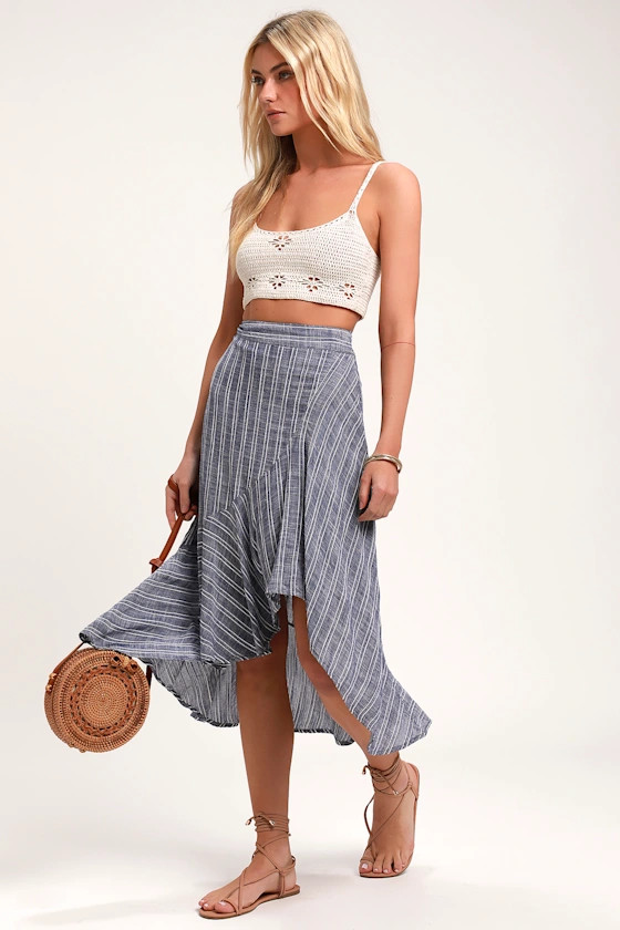 By the Bay Washed Blue and White Striped Ruffled Midi Skirt | Lulus (US)