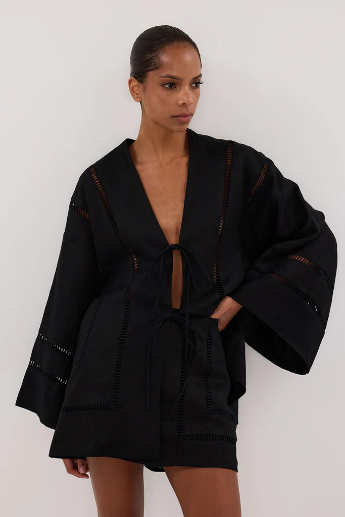 LINDSAY BLACK LINEN KIMONO TOP | DISSH