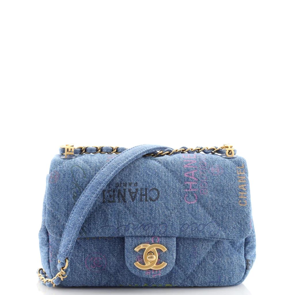 Chanel Denim Mood Flap Bag Logo Printed Quilted Denim Small Blue 1681851 | Rebag