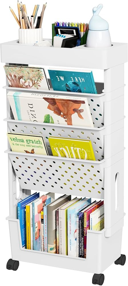 5-Tier Mobile Bookshelf, Rolling Bookcase Book Storage Rack, Movable File Folder Organizer Cart w... | Amazon (US)