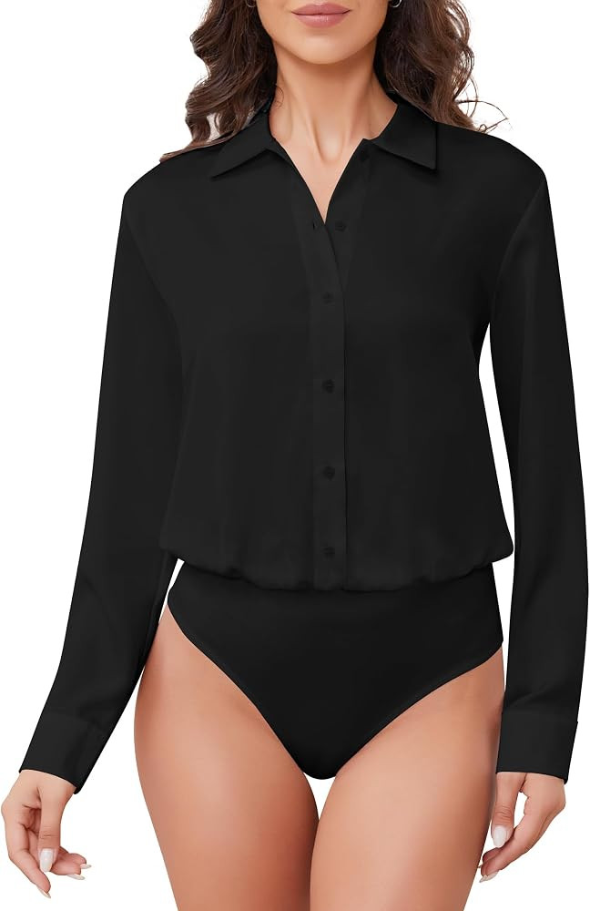 Women's Button Down Long Sleeve Bodysuit Blouse Satin Office Work Shirts One-piece Body Suit Tops... | Amazon (US)