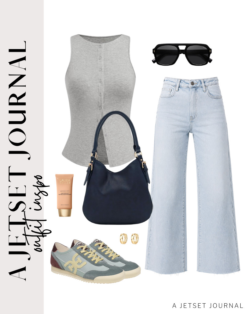 This gray CIDER button-down tank top with Allimy ripped capri jeans is our first chic outfit. It goes well with New Balance sneakers and a shoulder bag. Complete this look with PAVOI huggie earrings and LAURA GELLER Quench-n-Tint Tinted Moisturizer. 

 #LTKSeasonal #LTKSaleAlert #LTKTravel