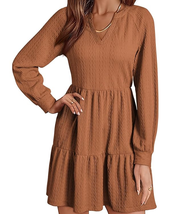 Dokotoo Womens Dresses 2024 Long Sleeve V Neck Textured Casual Tiered Ruffle A-Line Swing Mini Ba... | Amazon (US)