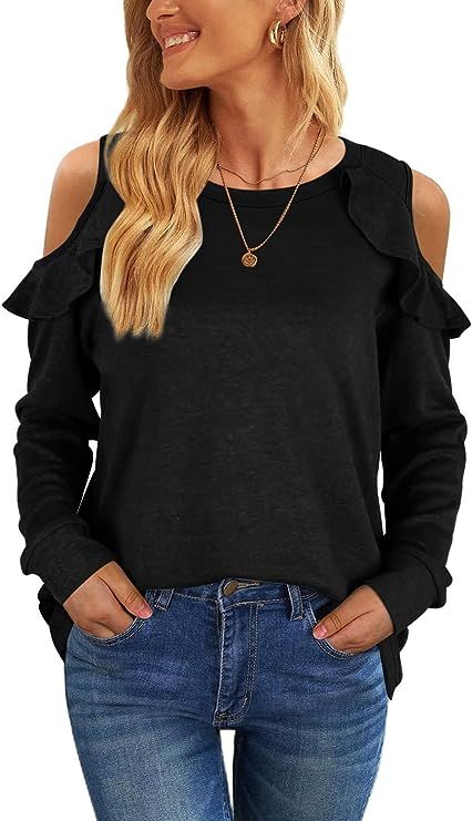 FAPPAREL Women's Cold Shoulder Tops Crew Neck Ruffle Long Sleeve Shirts | Amazon (US)