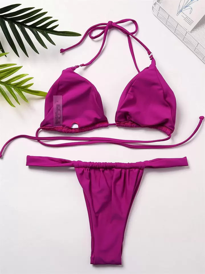 SHEIN Swim Vcay Mono Bikini Set Halter Micro Triangle Bra Top & Thong 2 Piece Bathing Suit | SHEI... | SHEIN