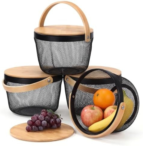 4 Pack Metal Wire Mesh Fruit Basket with Bamboo Lid & Handles Round Oval Steel Garden Organizer f... | Amazon (US)