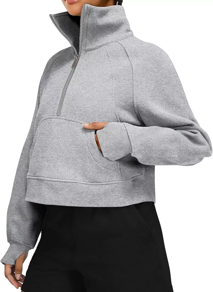 LASLULU Womens Hoodies Fleece Lined Collar Pullover 1/2 Zipper Sweatshirts Long Sleeve Crop Tops Sweater Thumb Hole