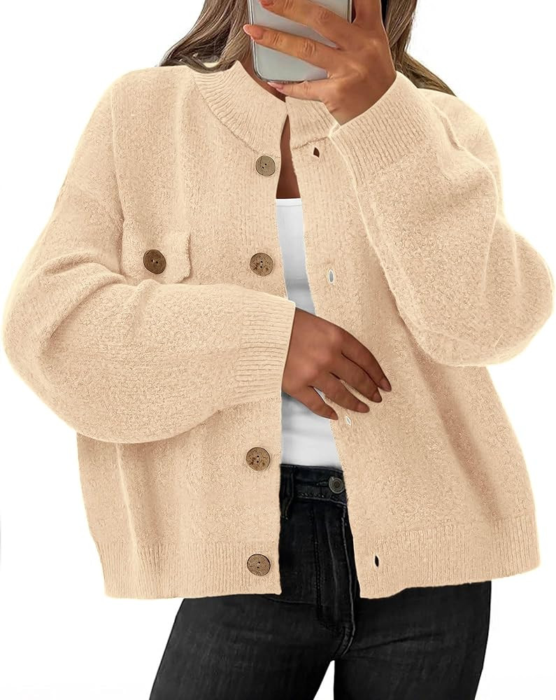 KIRUNDO Cardigans for Women Trendy Button Up Sweater Jackets Mock Neck Long Sleeve Loose Fit Chun... | Amazon (US)