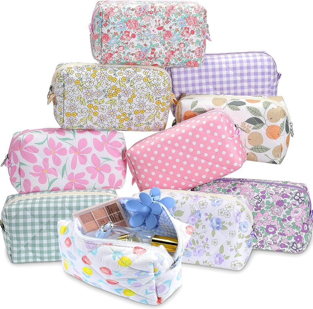 Paterr 10 Pcs Cotton Quilted Makeup Bag Bulk Floral Cosmetic Pouch Gingham Make up Bag Coquette A... | Amazon (US)