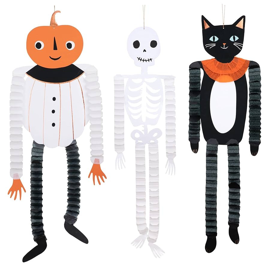 Meri Meri Halloween Vintage Honeycomb Decorations (Pack of 3), 1 Pumpkin Head, 1 Skeleton, 1 Blac... | Amazon (US)