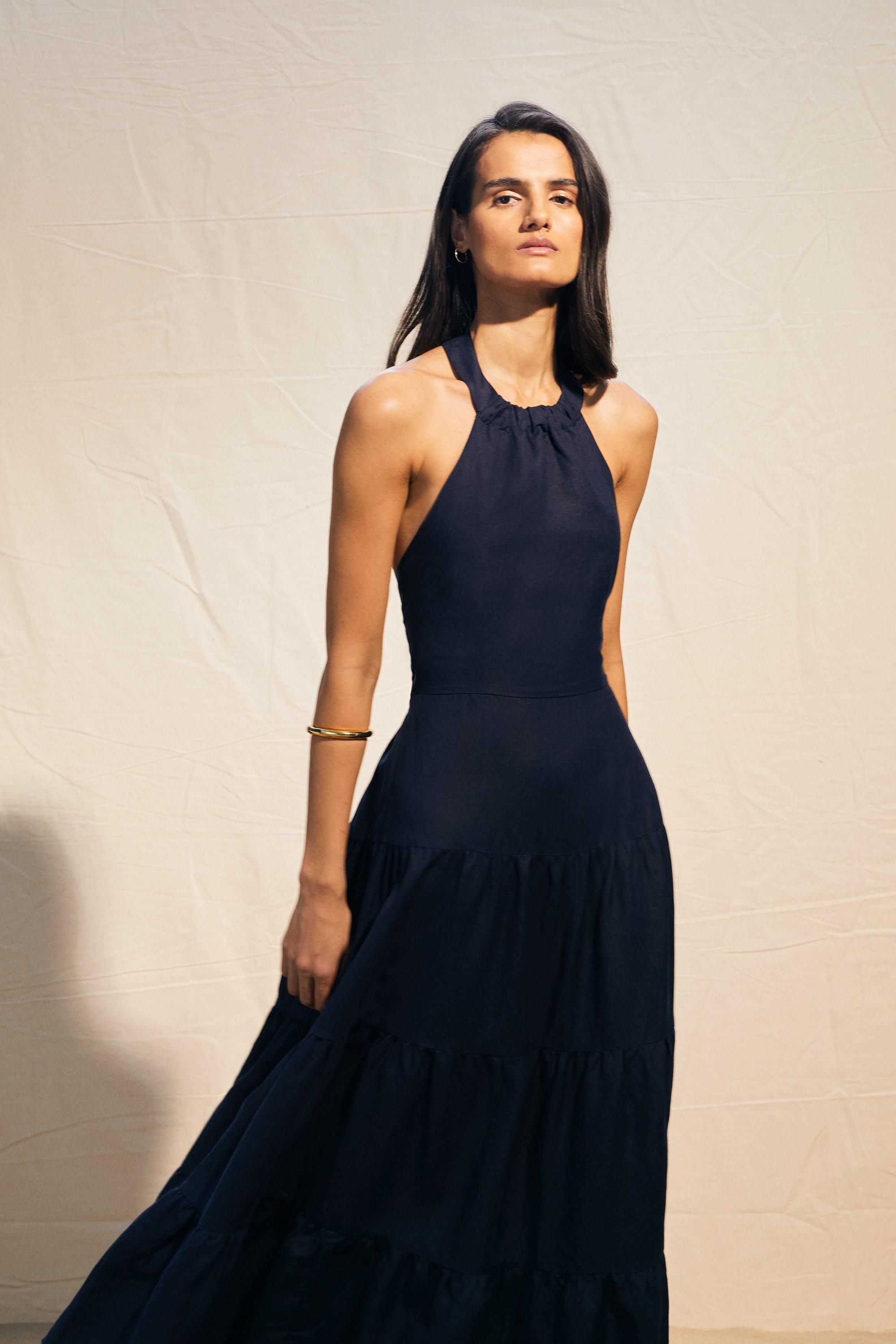 Viscose Linen Halterneck Tiered Maxi Dress | Karen Millen UK + IE + DE + NL