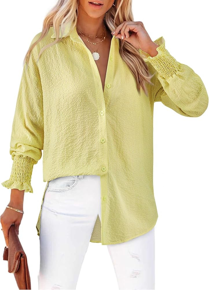 Women's Striped Button Down Shirts Long Sleeve Smocked Cuffed Oversized Boyfriend Blouses Collare... | Amazon (US)