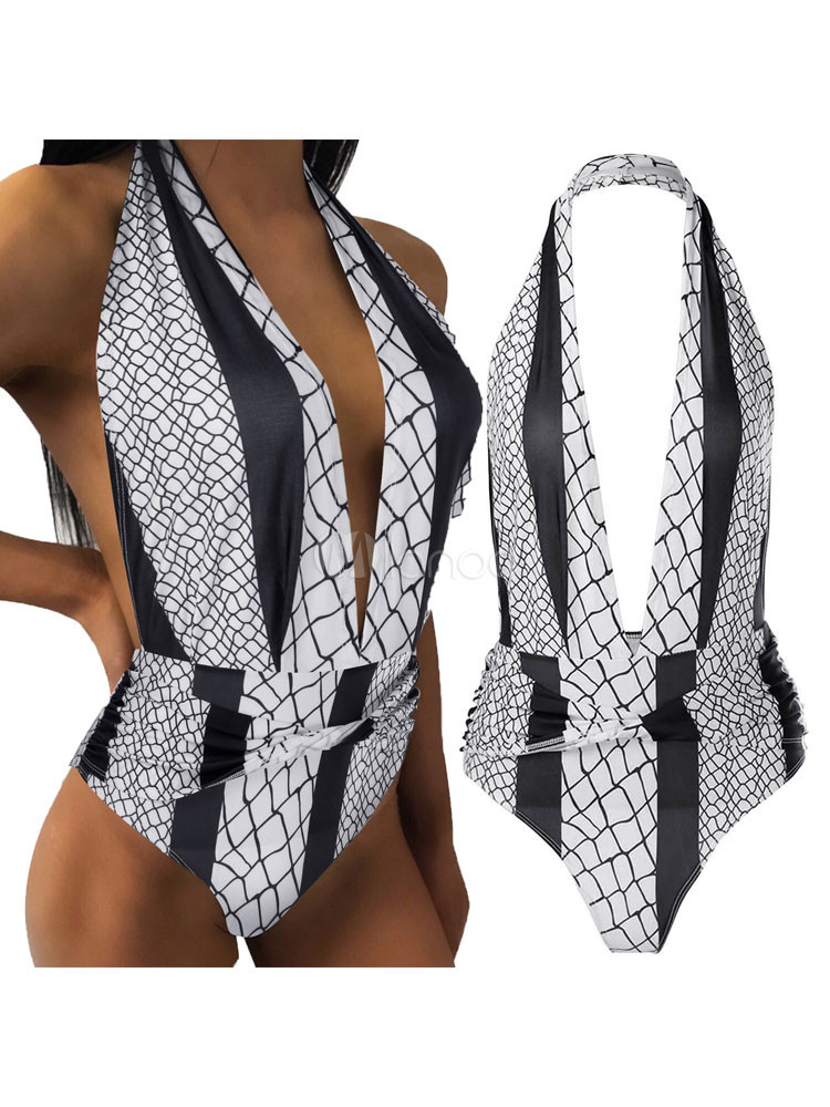 Sexy Women Swimsuit One Piece Swimwear Halter Backless Printed Beach Bathing Suit | Milanoo