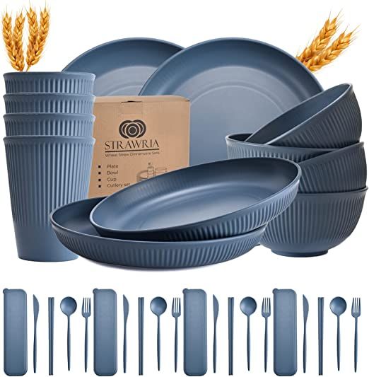 Wheat Straw Dinnerware Sets for 8 – Wheat Straw Plates and Bowls Sets with Cups and Cutlery –... | Amazon (US)