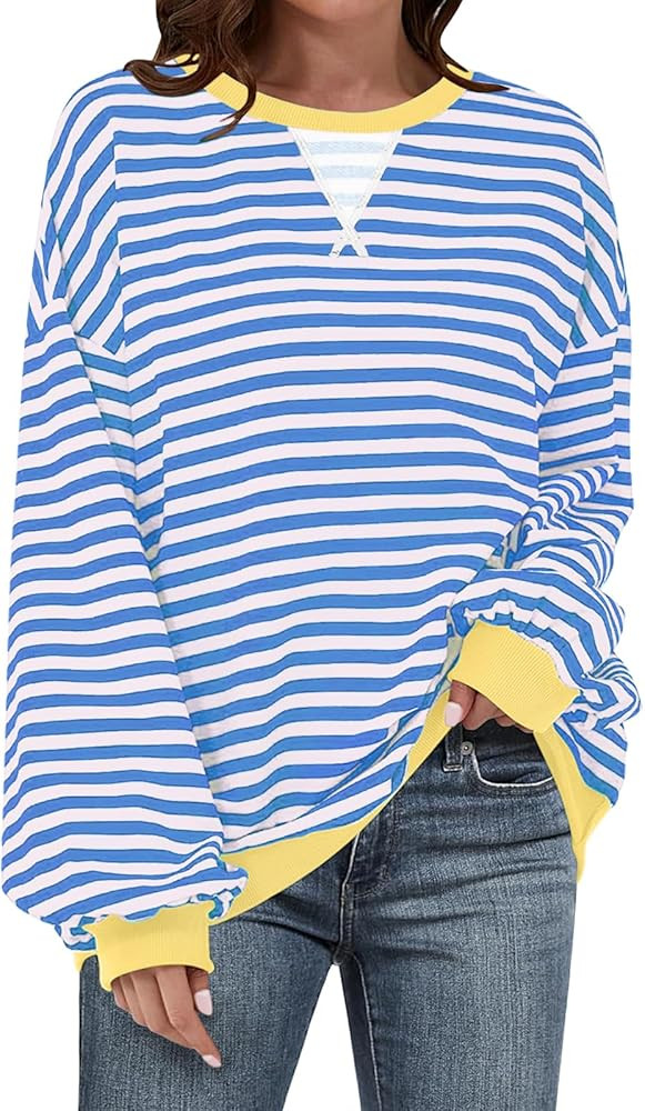 UEU Women Striped Oversized Sweatshirt Color Block Crewneck Long Sleeve Pullover Top Fashion Tren... | Amazon (US)