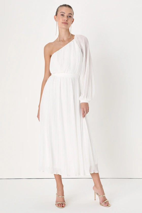 Always Loving You White Pleated One-Shoulder Midi Dress | Lulus (US)
