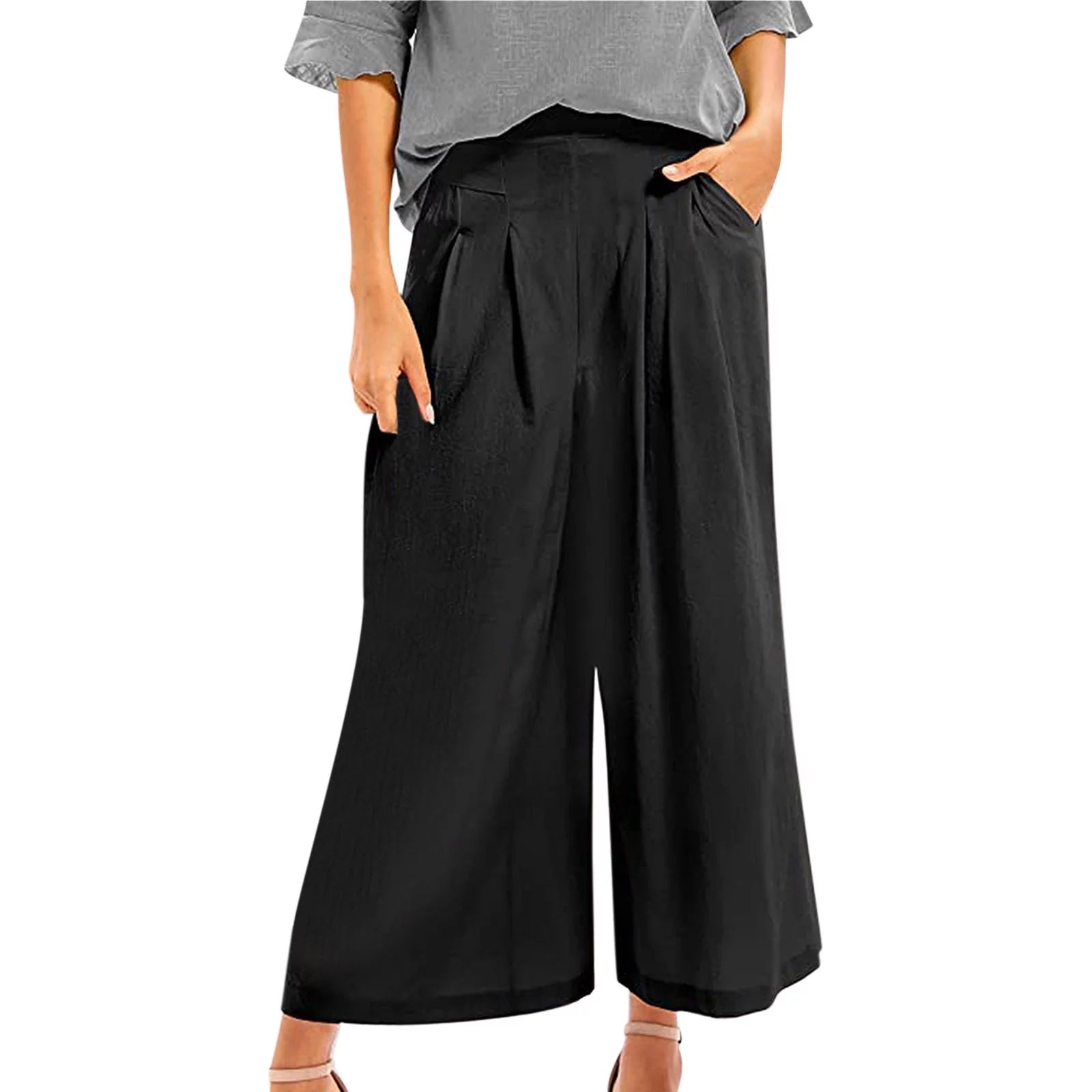 Women Pants Culottes Cotton Linen Wide Leg Palazzo Pants Elastic Waist Capri Trousers With Pocket... | Walmart (US)