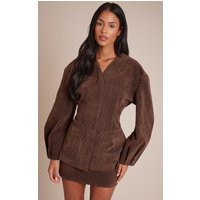 Tall Dark Brown Suede Collarless Cocoon Sleeve Blazer | PrettyLittleThing UK