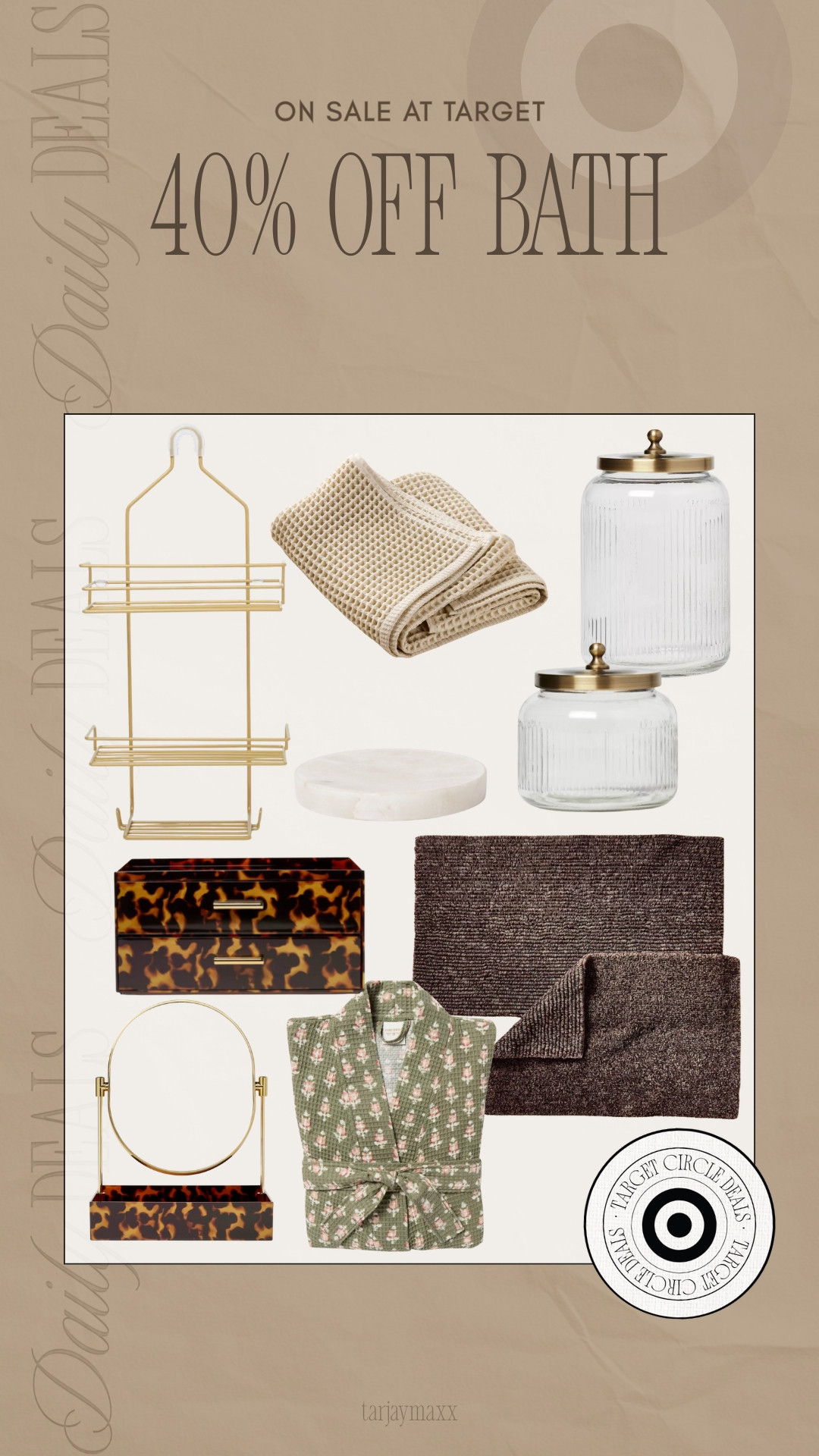 Target is running an amazing 40% off sale on bath essentials right now! This is the perfect time to upgrade your bathroom with those cozy neutral waffle knit towels, the stunning tortoise shell vanity organizers, and these elegant fluted glass jars. I am also loving the gold hanging shower caddy and that floral block print robe—they make the space feel like a high-end spa. Whether you need a fresh plush bath mat or a new vanity mirror, these deals are too good to pass up for a quick home refresh. accolade crew neck pullover, chocolate brown outfit, date night outfits, dark wash denim, silver hardware, analog hobbies, valentines outfit women, knits and shawls, valentines day outfit women, vacation outfits beach, target bath sale, target home, waffle knit towels, tortoise shell decor, fluted glass jars, target circle deals, target finds, bathroom refresh, spa day at home, neutral bathroom aesthetic, target style, vanity organization, viral target finds, apartment decor, bath towel sale, shower organization, home styling, bathroom makeover, target deals 

 #LTKootd #LTKSeasonal #LTKHome