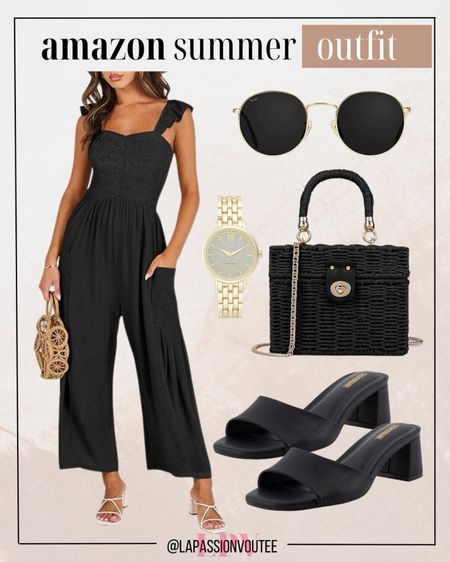 Elevate your summer style with ease in our sleeveless jumpsuit, paired with timeless accessories: a sleek watch, chic sunglasses, a trendy rattan bag, and sophisticated heeled sandals.

#LTKSeasonal #LTKfindsunder100 #LTKstyletip
