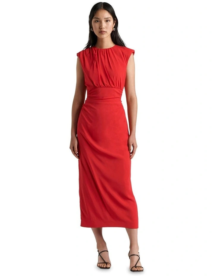 CueRuched Midi Dress in Red | Myer